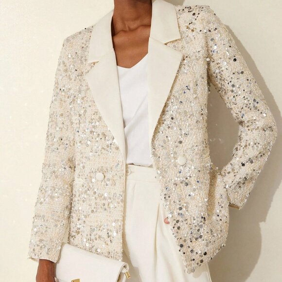 Beige Party Women's Loose Fit Sequin Patchwork Blazer Jacket Cloth - Picture 1 of 7